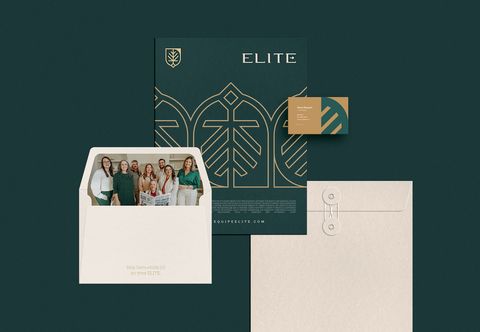 Papelaria da Elite: envelope, cartões e papel timbrado em verde-escuro e bege