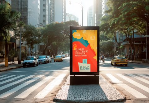 Painel de mídia da Mãe da Rua em uma avenida arborizada